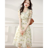 Rochii maxi florale elegante, blânde, pentru femei, vara 2024, noua modă, cu decolteu în V, cu nasturi, cu mâneci scurte, subțiri, pentru dama de birou, S-XXL