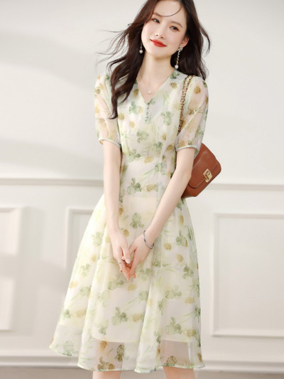 Rochii maxi florale elegante, blânde, pentru femei, vara 2024, noua modă, cu decolteu în V, cu nasturi, cu mâneci scurte, subțiri, pentru dama de birou, S-XXL