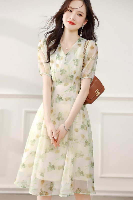 Rochii maxi florale elegante, blânde, pentru femei, vara 2024, noua modă, cu decolteu în V, cu nasturi, cu mâneci scurte, subțiri, pentru dama de birou, S-XXL