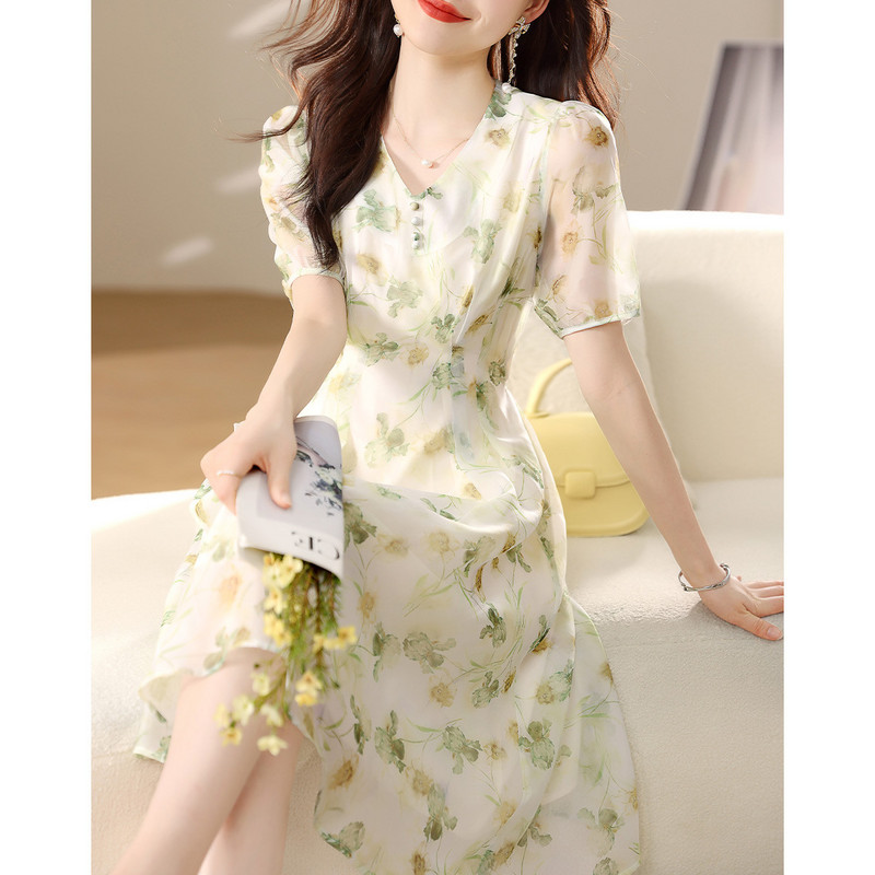 Rochii maxi florale elegante, blânde, pentru femei, vara 2024, noua modă, cu decolteu în V, cu nasturi, cu mâneci scurte, subțiri, pentru dama de birou, S-XXL