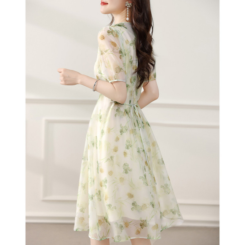 Rochii maxi florale elegante, blânde, pentru femei, vara 2024, noua modă, cu decolteu în V, cu nasturi, cu mâneci scurte, subțiri, pentru dama de birou, S-XXL