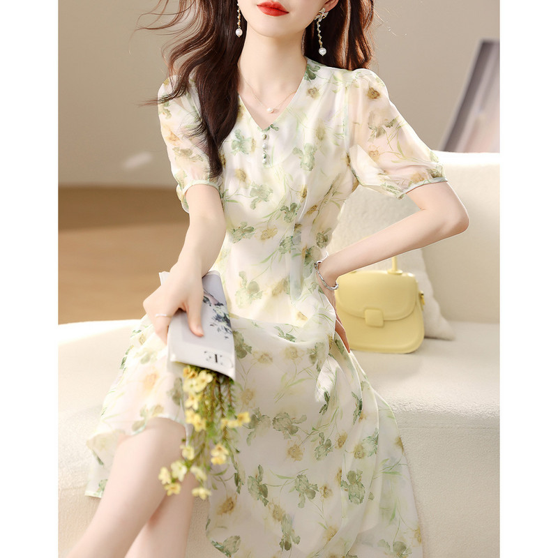 Rochii maxi florale elegante, blânde, pentru femei, vara 2024, noua modă, cu decolteu în V, cu nasturi, cu mâneci scurte, subțiri, pentru dama de birou, S-XXL