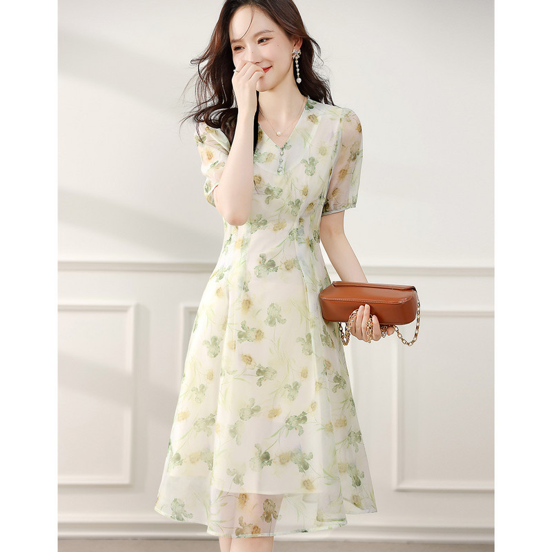 Rochii maxi florale elegante, blânde, pentru femei, vara 2024, noua modă, cu decolteu în V, cu nasturi, cu mâneci scurte, subțiri, pentru dama de birou, S-XXL