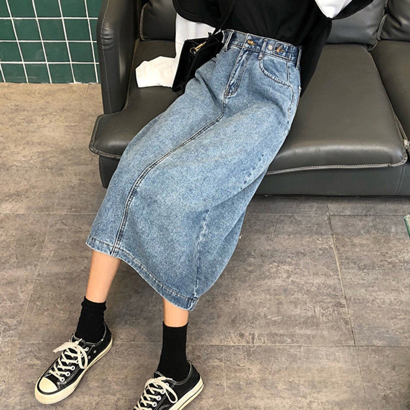 Rimocy Korea stiilis nööpidega teksaseelik naistele 2022. aasta kevadine kõrge vöökohaga lõhestatud teksaseelikud naistele lahtised pikad pliiatsseelikud Mujer