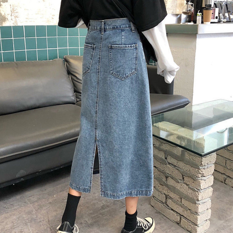 Rimocy Korea stiilis nööpidega teksaseelik naistele 2022. aasta kevadine kõrge vöökohaga lõhestatud teksaseelikud naistele lahtised pikad pliiatsseelikud Mujer