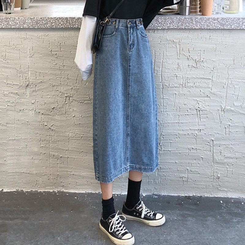 Rimocy Korea stiilis nööpidega teksaseelik naistele 2022. aasta kevadine kõrge vöökohaga lõhestatud teksaseelikud naistele lahtised pikad pliiatsseelikud Mujer