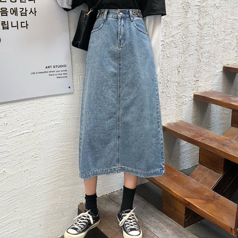 Rimocy Korea stiilis nööpidega teksaseelik naistele 2022. aasta kevadine kõrge vöökohaga lõhestatud teksaseelikud naistele lahtised pikad pliiatsseelikud Mujer