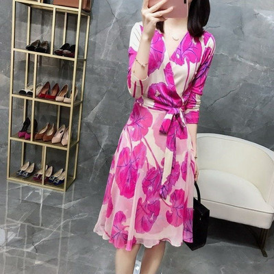 Rochii subțiri la modă Bal de vară, subțire, sexy, temperament, imprimare, mâneci lungi, cu decolteu în V, florale, ocazional, îmbrăcăminte nouă pentru femei 2023