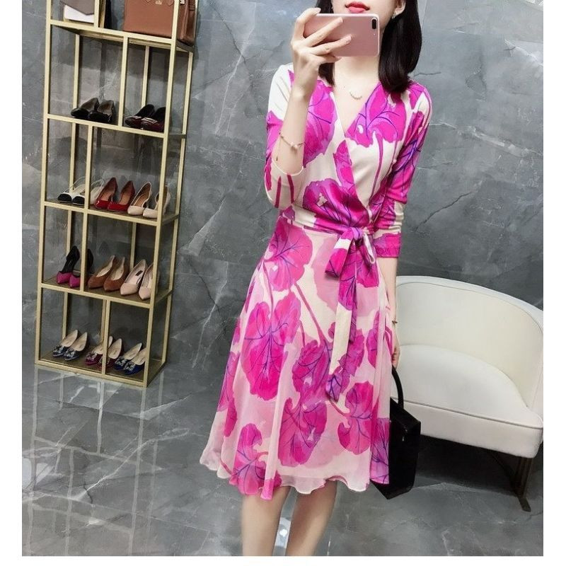 Rochii subțiri la modă Bal de vară, subțire, sexy, temperament, imprimare, mâneci lungi, cu decolteu în V, florale, ocazional, îmbrăcăminte nouă pentru femei 2023