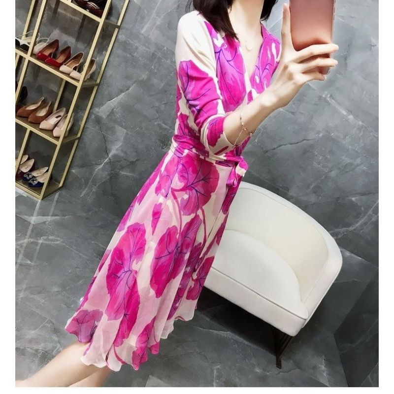 Rochii subțiri la modă Bal de vară, subțire, sexy, temperament, imprimare, mâneci lungi, cu decolteu în V, florale, ocazional, îmbrăcăminte nouă pentru femei 2023