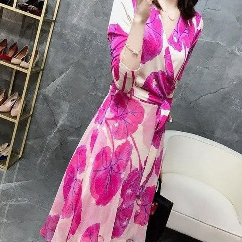 Rochii subțiri la modă Bal de vară, subțire, sexy, temperament, imprimare, mâneci lungi, cu decolteu în V, florale, ocazional, îmbrăcăminte nouă pentru femei 2023