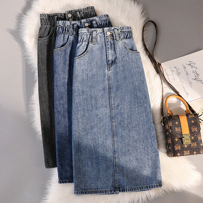 Ocazional supradimensionat, cu buzunare cu nasturi, Fusta din denim, vară, birou, damă, vintage, subțire, elegante, falde de primăvară la modă coreeană