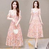 Modne nove ženske ležerne haljine od šifona s cvjetnim uzorkom, ljetne haljine s tortama s V-izrezom, kratkih rukava, a-kroja Elegantna duga ženska odjeća