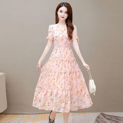 Modne nove ženske ležerne haljine od šifona s cvjetnim uzorkom, ljetne haljine s tortama s V-izrezom, kratkih rukava, a-kroja Elegantna duga ženska odjeća