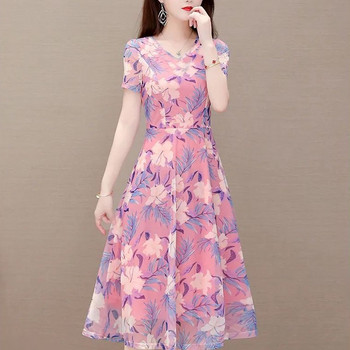 Дамска елегантна летна шифонена рокля с флорални мотиви с къс ръкав Корейски ежедневни дамски рокли с миди принт с кръгло деколте