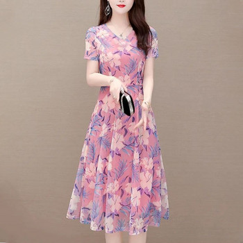 Дамска елегантна летна шифонена рокля с флорални мотиви с къс ръкав Корейски ежедневни дамски рокли с миди принт с кръгло деколте