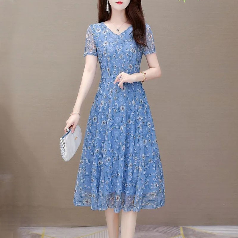 Naiste elegantne vöökohaga šifoonist lilleline kleit suvine uus lühikeste varrukatega Korea vabaaja ümmarguse kaelusega Midi trükiga kleidid naistele