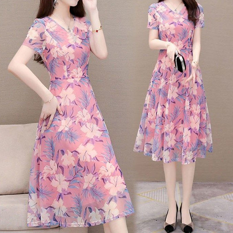 Naiste elegantne vöökohaga šifoonist lilleline kleit suvine uus lühikeste varrukatega Korea vabaaja ümmarguse kaelusega Midi trükiga kleidid naistele