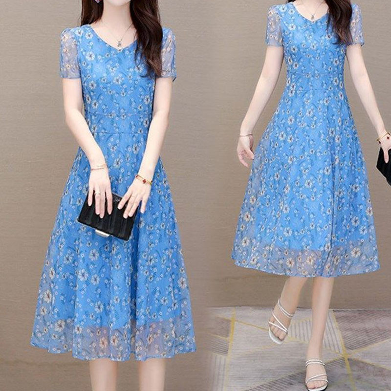 Naiste elegantne vöökohaga šifoonist lilleline kleit suvine uus lühikeste varrukatega Korea vabaaja ümmarguse kaelusega Midi trükiga kleidid naistele