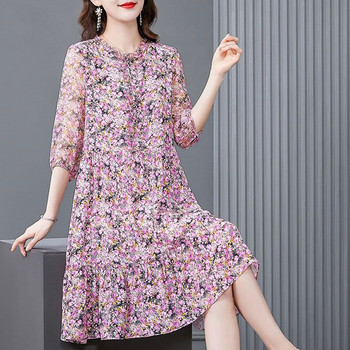 Елегантна мини рокля с щамповано О-образно деколте и свободни волани, дамско облекло, лято 2023, нова офис дама с флорални мотиви