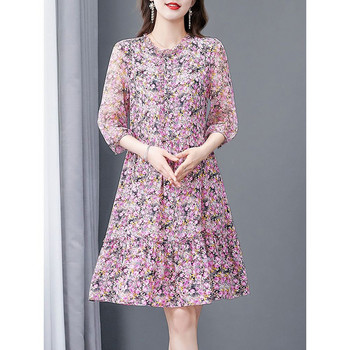 Елегантна мини рокля с щамповано О-образно деколте и свободни волани, дамско облекло, лято 2023, нова офис дама с флорални мотиви
