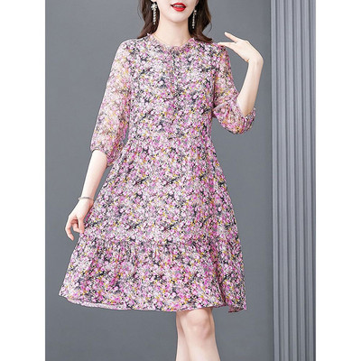 Mini rochie elegantă cu decolteu în formă de O imprimată, îmbinată, cu volane libere, îmbrăcăminte pentru femei, rochie florală de vară 2023, nouă, cu jumătate de mânecă, de birou