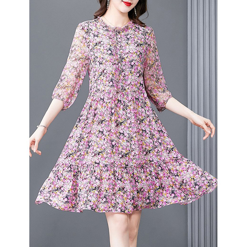 Mini rochie elegantă cu decolteu în formă de O imprimată, îmbinată, cu volane libere, îmbrăcăminte pentru femei, rochie florală de vară 2023, nouă, cu jumătate de mânecă, de birou