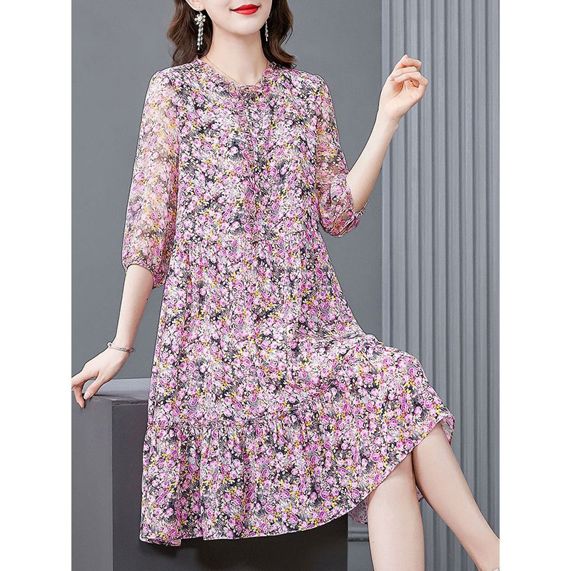 Mini rochie elegantă cu decolteu în formă de O imprimată, îmbinată, cu volane libere, îmbrăcăminte pentru femei, rochie florală de vară 2023, nouă, cu jumătate de mânecă, de birou