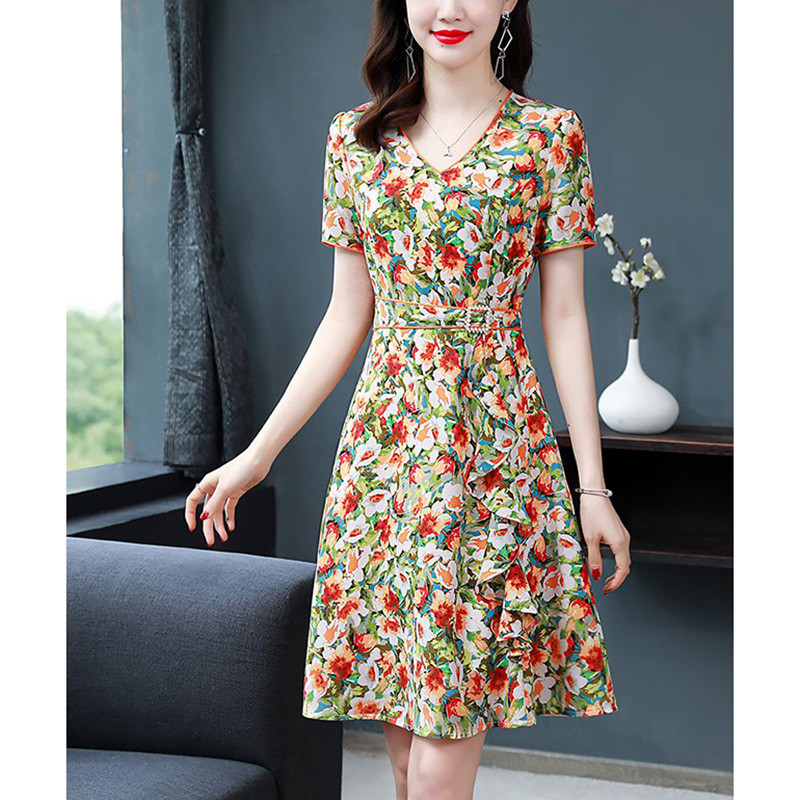 Elegantne V-kaelusega avara vööga teemandid, volangid Lilleline kleit Naiste riided 2023. aasta suvine uus lühikeste varrukatega kontori naiste minikleit