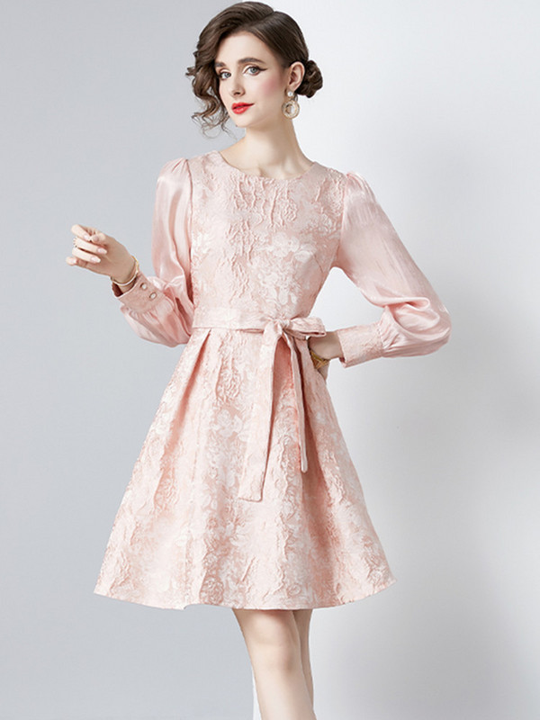 SMTHMA High End Light Luksuslik uus sügisene Tmperament Jacquard Kleit Naiste moodne O-kaelusega pikkade varrukatega pitskleidid