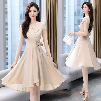 Елегантна миди рокля с V-образно деколте, дамска лятна корейска мода Elbise, бандажни рокли с къс ръкав, плюс размер 4xl Vestidos De Mujer