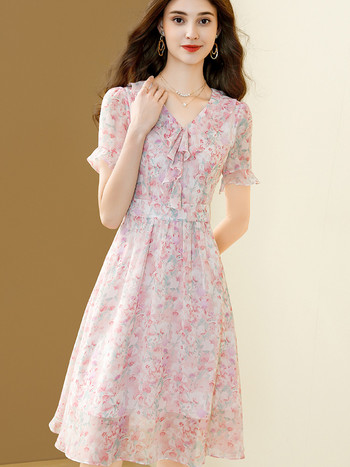 EVNISI Дамски розови, елегантни шифонени рокли с флорални щампи V-образно деколте Шикозни парти рокли с A-LINE Офис Vestido за жени Лято 2024 г.