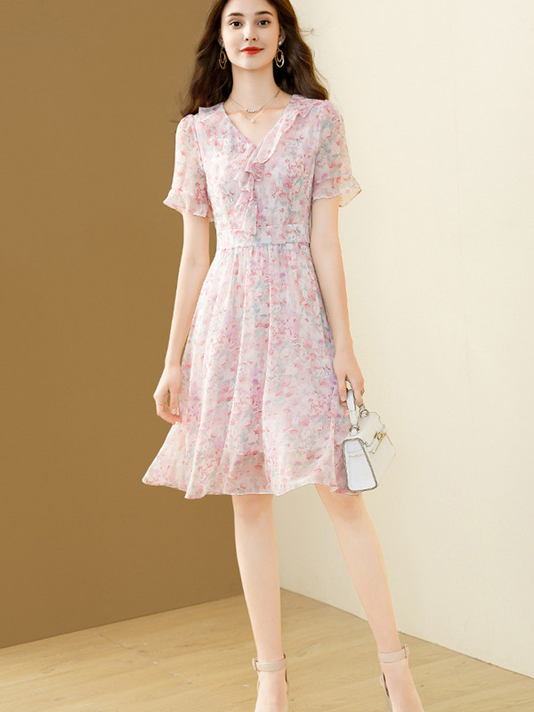 EVNISI Naiste Roosa Elegantne lilleprinteriga šifoonkleit V-kaelusega Chic Peo A-LINE kleidid Kontori Vestido Naistele Suvi 2024