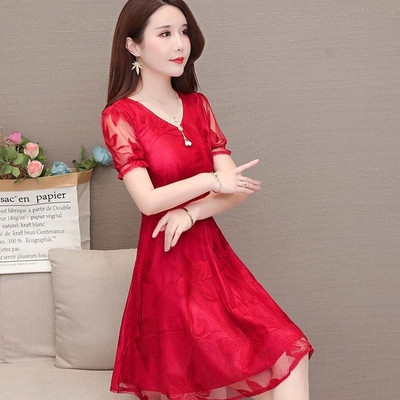 Elegantna jednobojna čipkasta haljina s V-izrezom, ženska odjeća, nova ljetna 2024. labava uredska haljina za dame, kratkih rukava