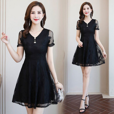 Elegantna jednobojna čipkasta haljina s V-izrezom, ženska odjeća, nova ljetna 2024. labava uredska haljina za dame, kratkih rukava