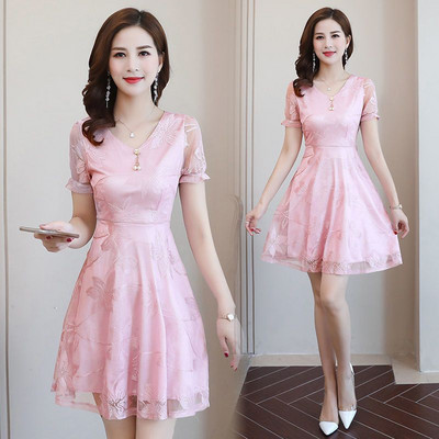 Elegantna jednobojna čipkasta haljina s V-izrezom, ženska odjeća, nova ljetna 2024. labava uredska haljina za dame, kratkih rukava