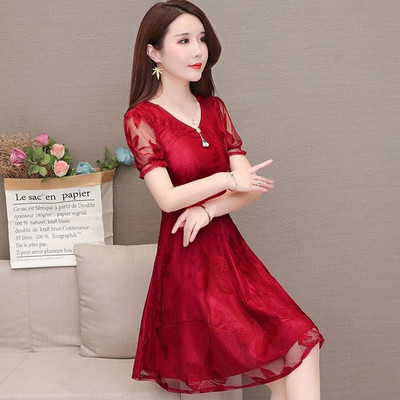 Elegantna jednobojna čipkasta haljina s V-izrezom, ženska odjeća, nova ljetna 2024. labava uredska haljina za dame, kratkih rukava