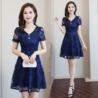 Elegantna jednobojna čipkasta haljina s V-izrezom, ženska odjeća, nova ljetna 2024. labava uredska haljina za dame, kratkih rukava