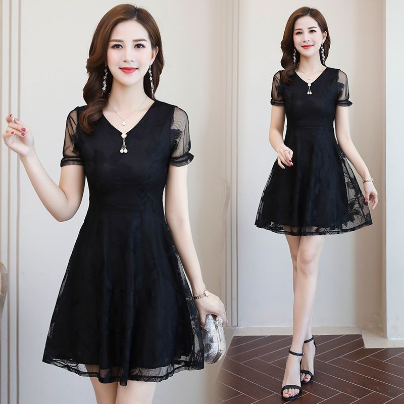Elegantna jednobojna čipkasta haljina s V-izrezom, ženska odjeća, nova ljetna 2024. labava uredska haljina za dame, kratkih rukava