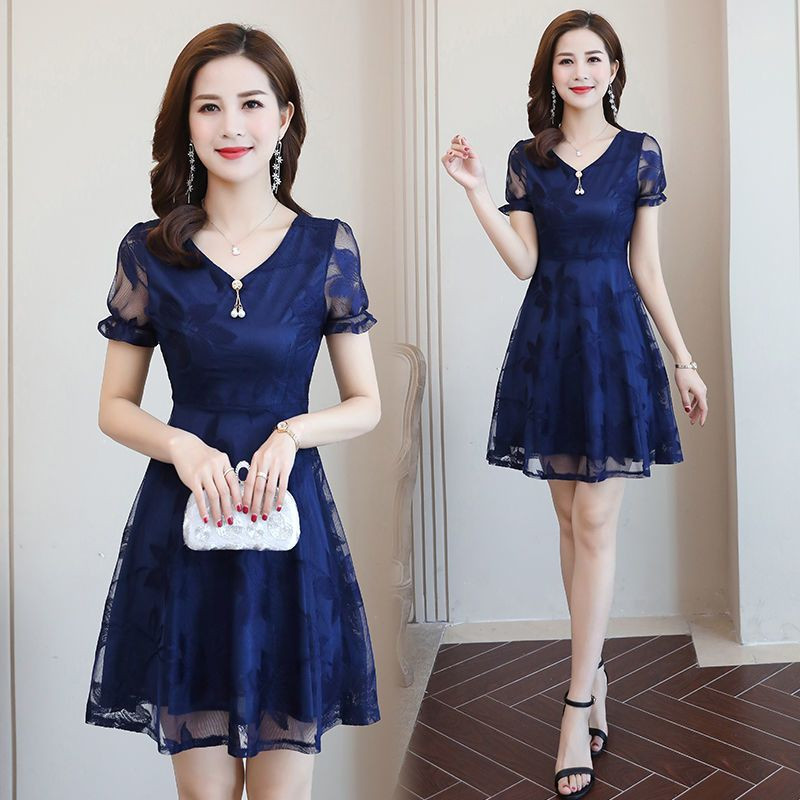Elegantna jednobojna čipkasta haljina s V-izrezom, ženska odjeća, nova ljetna 2024. labava uredska haljina za dame, kratkih rukava