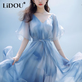 Ljeto 2024. Elegantna modna haljina do struka s V-izrezom Ženska temperamentna haljina kratkih rukava na vezanje Blagdanski ogrtač za plažu Tanak Casuala Vestidos