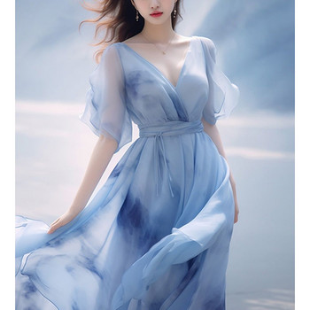 Лятна 2024 г. Елегантна модна рокля с V-образно деколте Дамска рокля с къс ръкав Темперамент с връзки Плажна празнична роба Тънък Casuala Vestidos