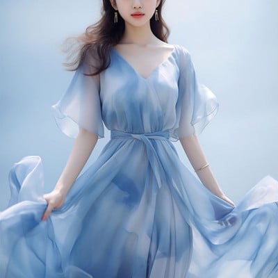 Ljeto 2024. Elegantna modna haljina do struka s V-izrezom Ženska temperamentna haljina kratkih rukava na vezanje Blagdanski ogrtač za plažu Tanak Casuala Vestidos