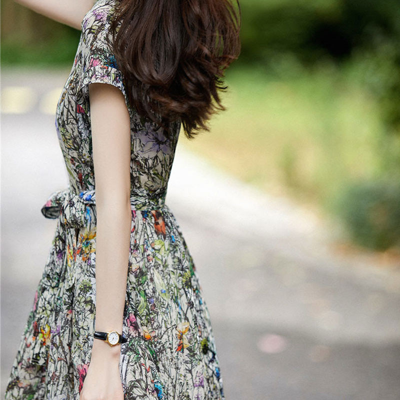 Modne vintage haljine s printom, ljetne kratke rukave, elegantna ženska odjeća s V-izrezom, Midi haljina s mašnom i vrpcom za putovanje na posao 2023.