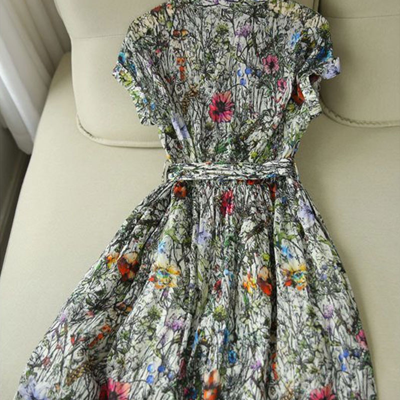 Modne vintage haljine s printom, ljetne kratke rukave, elegantna ženska odjeća s V-izrezom, Midi haljina s mašnom i vrpcom za putovanje na posao 2023.