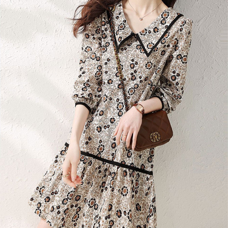 Κορεατικά σπασμένα λουλούδια Μίνι φόρεμα Vintage άνοιξη φθινόπωρο γυαλιστερό γιακά Γυναικεία ρούχα Μετακίνηση Α-Line Μόδα μαζεμένα φορέματα