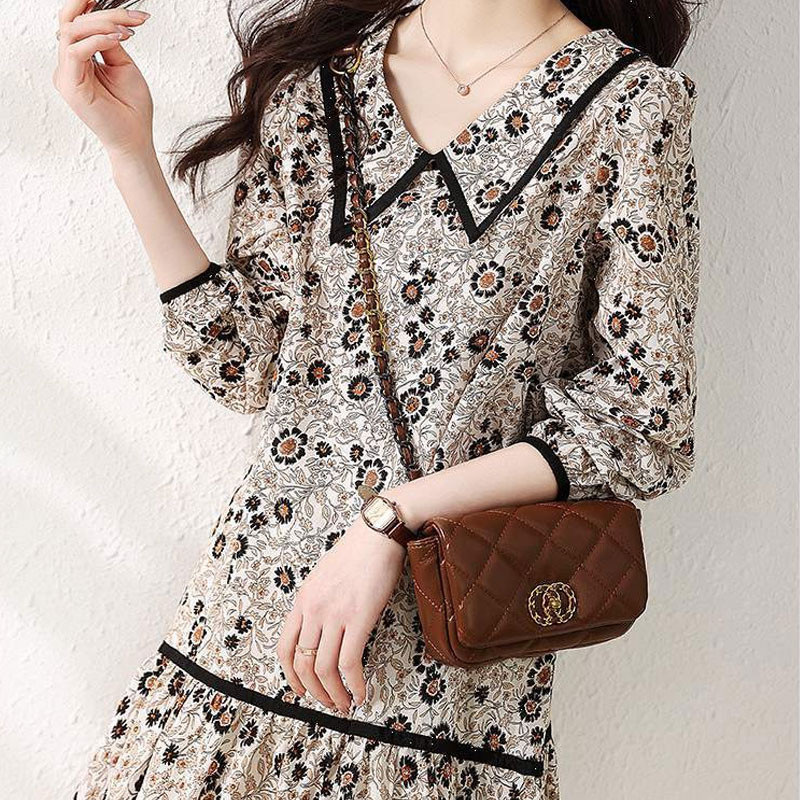 Κορεατικά σπασμένα λουλούδια Μίνι φόρεμα Vintage άνοιξη φθινόπωρο γυαλιστερό γιακά Γυναικεία ρούχα Μετακίνηση Α-Line Μόδα μαζεμένα φορέματα