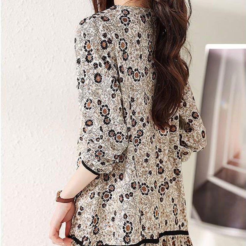 Κορεατικά σπασμένα λουλούδια Μίνι φόρεμα Vintage άνοιξη φθινόπωρο γυαλιστερό γιακά Γυναικεία ρούχα Μετακίνηση Α-Line Μόδα μαζεμένα φορέματα