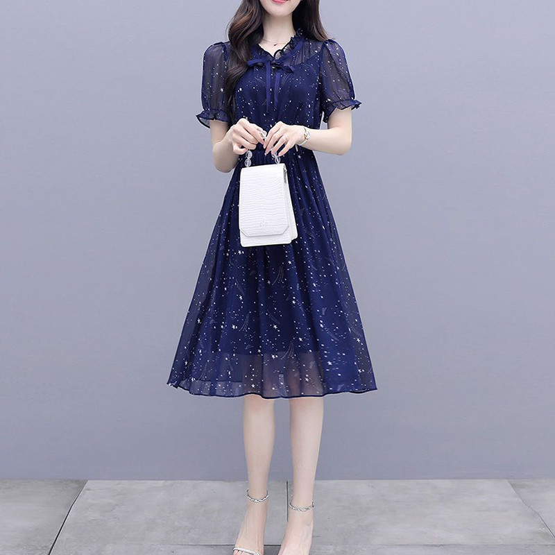 Suvine uus elegantne moetrükk vöökoha rüü Femme lühikeste varrukatega volangidega, pitsidega Midi Vestidos naiste temperamentne šifoonkleit