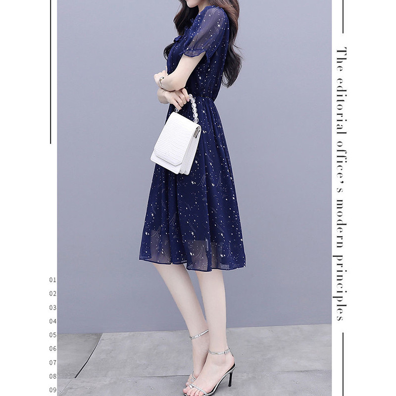 Suvine uus elegantne moetrükk vöökoha rüü Femme lühikeste varrukatega volangidega, pitsidega Midi Vestidos naiste temperamentne šifoonkleit